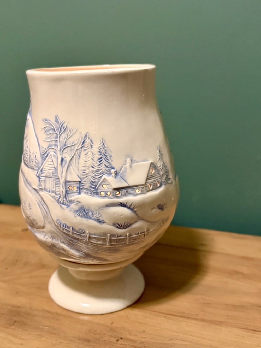 Vintage Ceramic Winter Village Luminary Candle Holder 10” Pedestal - Picture 4 of 12